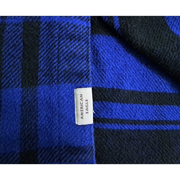 American Eagle Flannel Hoodie Mens Medium Blue Black Plaid Heavyweight Vintage - Picture 3 of 10